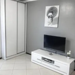 Minimalistyczny pokój z przesuwną szafą, białą szafką RTV z dekoracjami i czarno-białym zdjęciem baletnicy na szarej ścianie, płytki podłogowe w jasnym odcieniu.