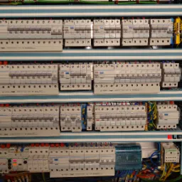 Rozdzielnica elektryczna z zamontowanymi bezpiecznikami i okablowaniem, widoczne urządzenia marki Hager i ETI, zasilanie trójfazowe, instalacja po modernizacji, częściowo włączone zabezpieczenia.