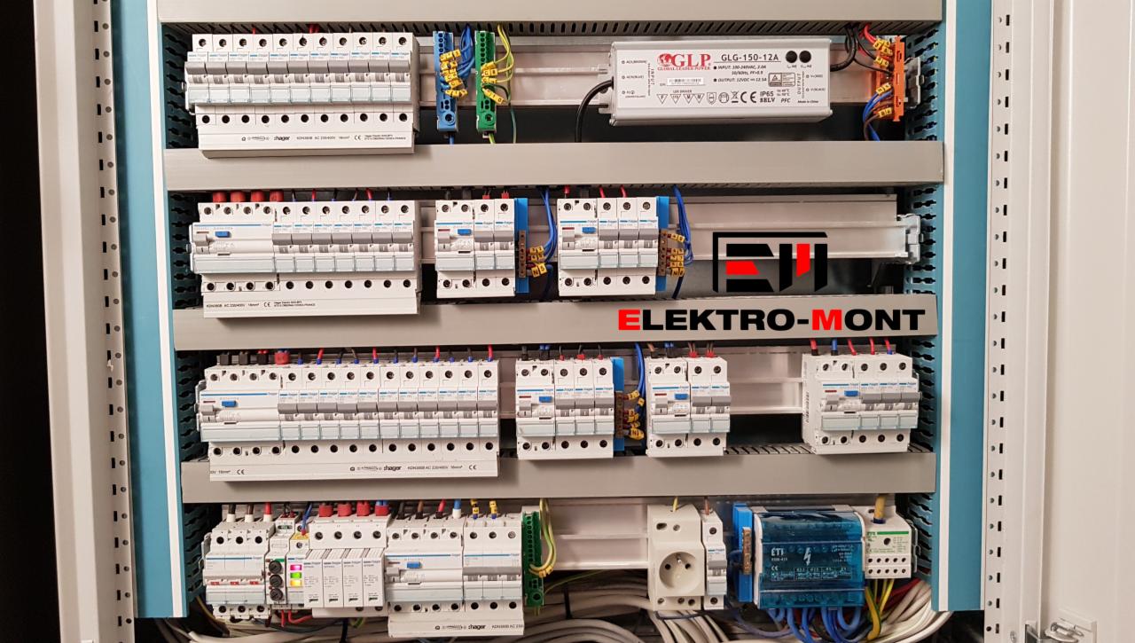 Rozdzielnica elektryczna z zabezpieczeniami nadprądowymi Hager, zasilaczem GLP i gniazdem ETI, okablowana wewnątrz szafy sterowniczej.