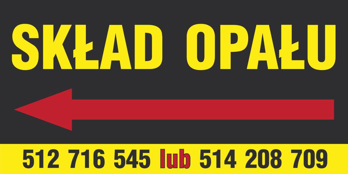 Tablica informacyjna w Lublinie z napisem 'Skład Opału', czerwoną strzałką wskazującą kierunek i numerami telefonów na żółtym tle.