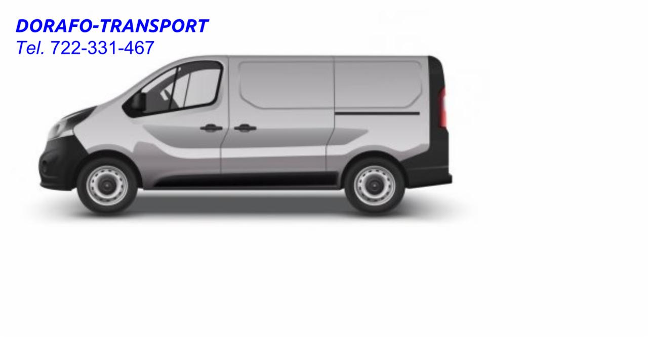 Grafika przedstawia srebrny samochód dostawczy z napisem DORAFO-TRANSPORT i numerem telefonu 722-331-467 na białym tle.