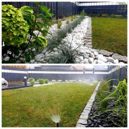 Zieleń Design Karol Błażyca - Nowoczesny ogród z białymi otoczakami, ozdobnymi trawami i nawadnianiem trawnika, widok z dwóch perspektyw.