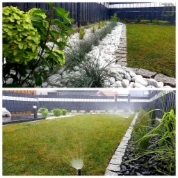 Nowoczesny ogród z białymi otoczakami, ozdobnymi trawami i nawadnianiem trawnika, widok z dwóch perspektyw.