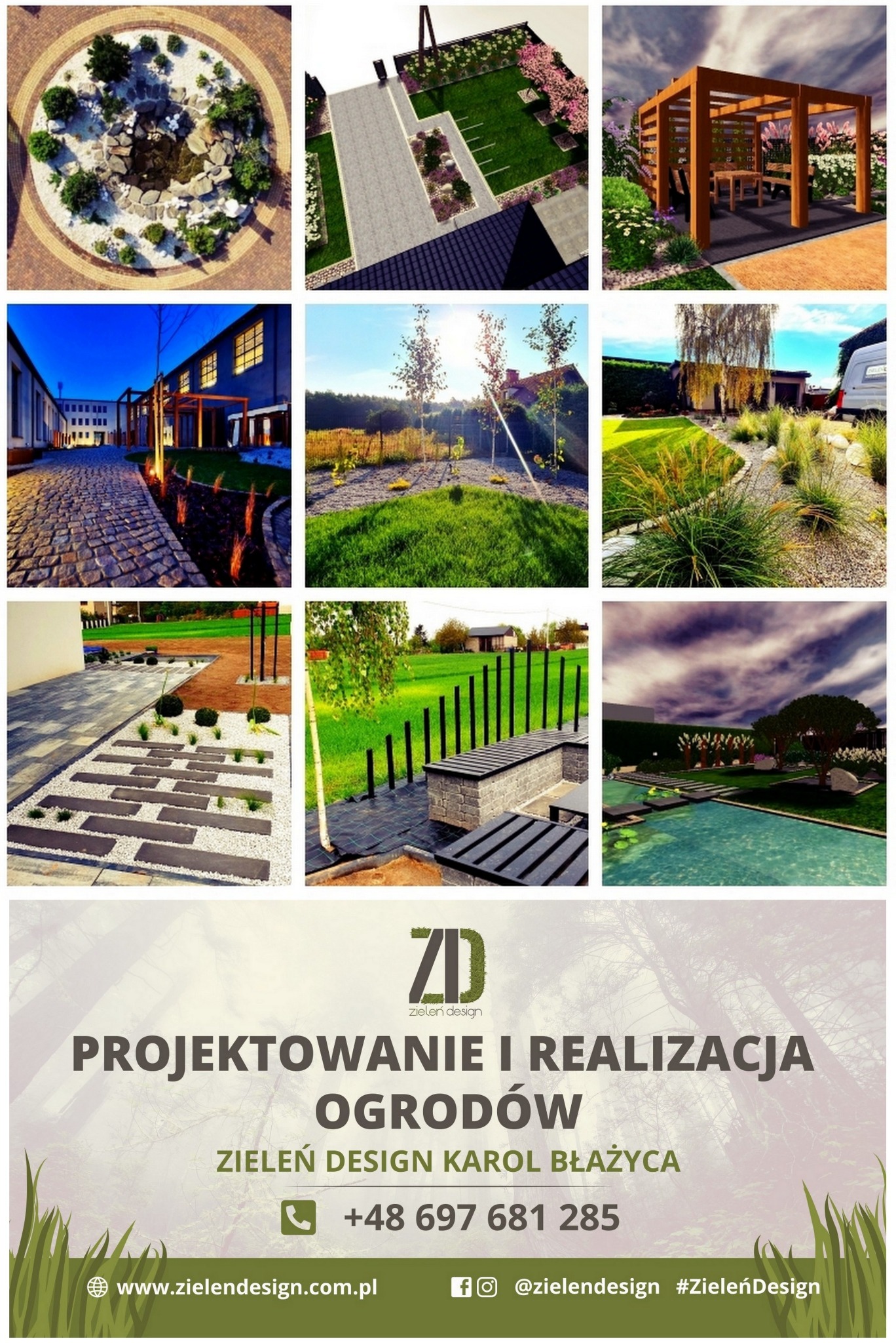 Kolaż prezentujący różnorodne elementy zagospodarowania przestrzeni ogrodowej: oczko wodne z kamieniami, ścieżka z płyt i żwiru, drewniana pergola z meblami ogrodowymi, oświetlenie zewnętrzne...