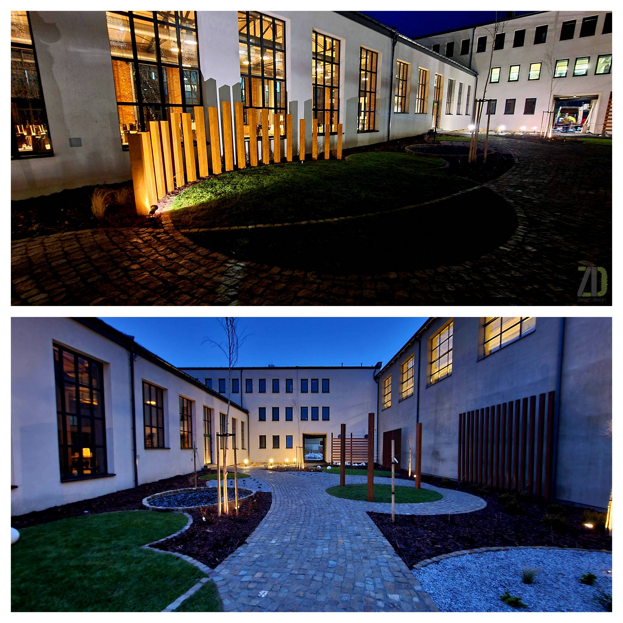 Dziedziniec biurowca z elementami architektury krajobrazu: trawniki, kamienne ścieżki, drewniane panele pionowe i oświetlenie punktowe.