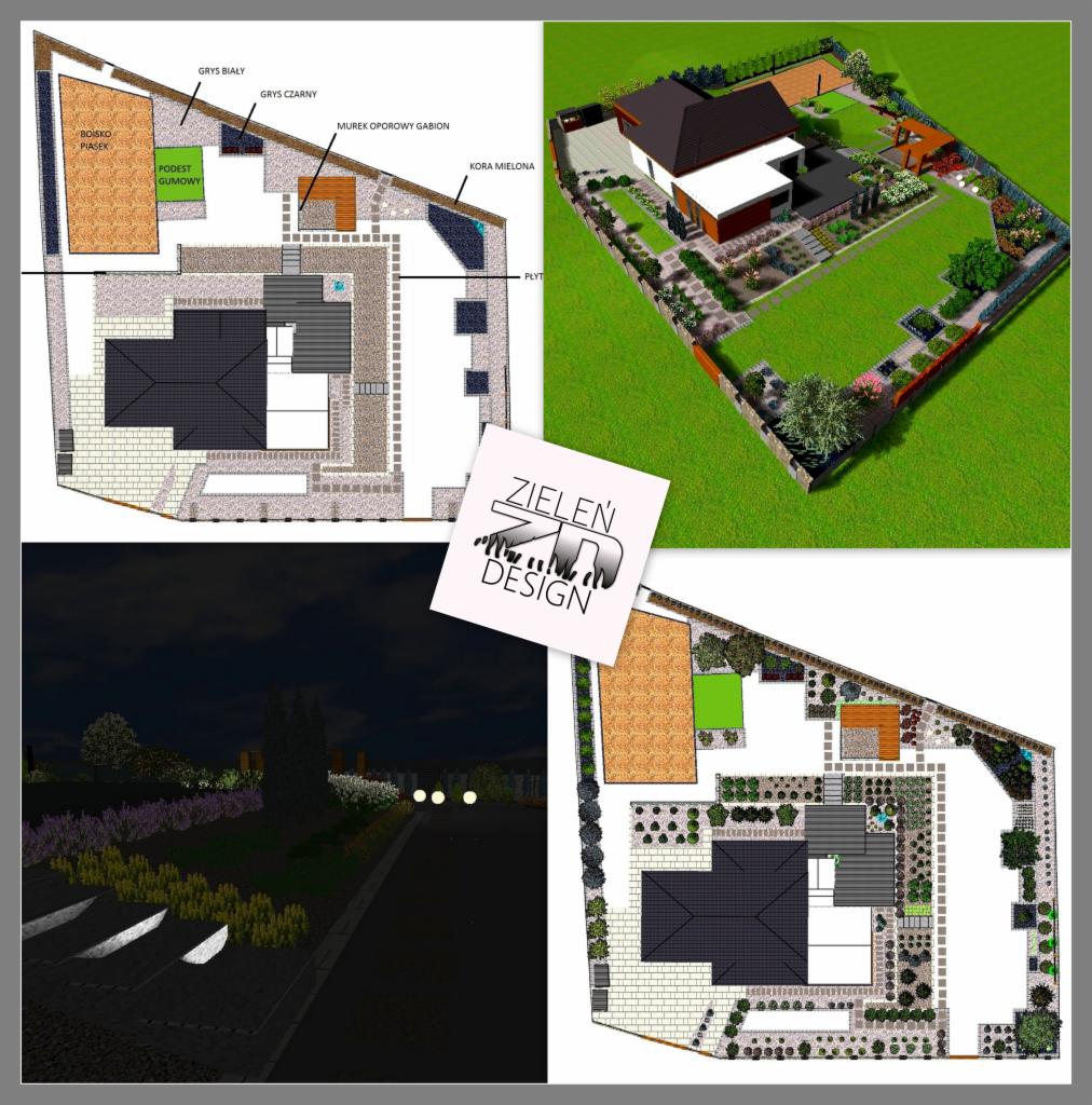 Kolaż wizualizacji 3D projektu zagospodarowania terenu wokół domu, zawierający plan z góry z opisami elementów, widok z perspektywy oraz nocną iluminację