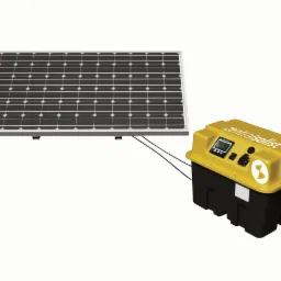 Panel słoneczny połączony przewodami z żółto-czarnym magazynem energii marki Zentralsolist na białym tle.