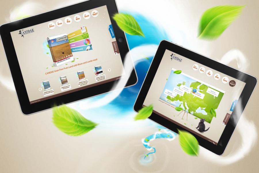Dwa tablety prezentujące interfejs strony internetowej marki Canidae, z mapą Europy i produktami dla zwierząt, otoczone zielonymi liśćmi i elementami graficznymi imitującymi wodę.