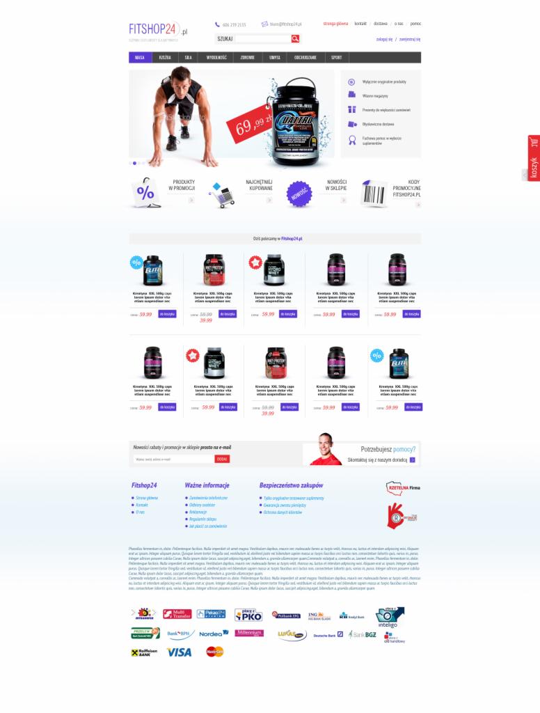 Strona główna sklepu internetowego Fitshop24.pl z suplementami diety i odżywkami, widoczne produkty, promocje i kody rabatowe.