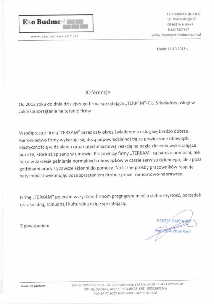 Skan dokumentu referencyjnego od firmy EkoBudmex, potwierdzający świadczenie usług sprzątania przez firmę TERKFM, z pieczęcią i podpisem Prezesa Zarządu.