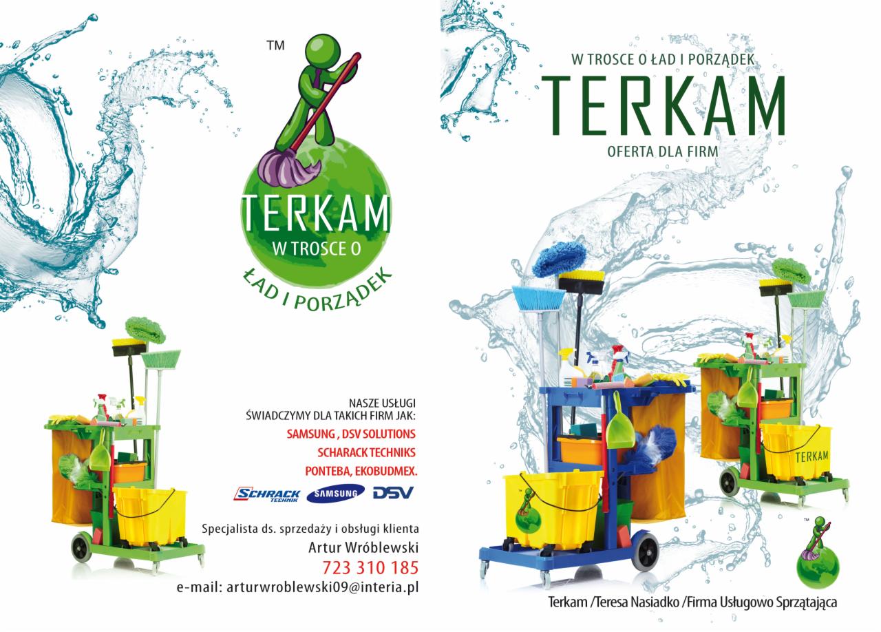 Ulotka reklamowa firmy Terkam oferującej usługi sprzątania, prezentująca wózki do sprzątania, logo z postacią sprzątającą na zielonej kuli ziemskiej oraz dane kontaktowe Artura Wróblewskiego.