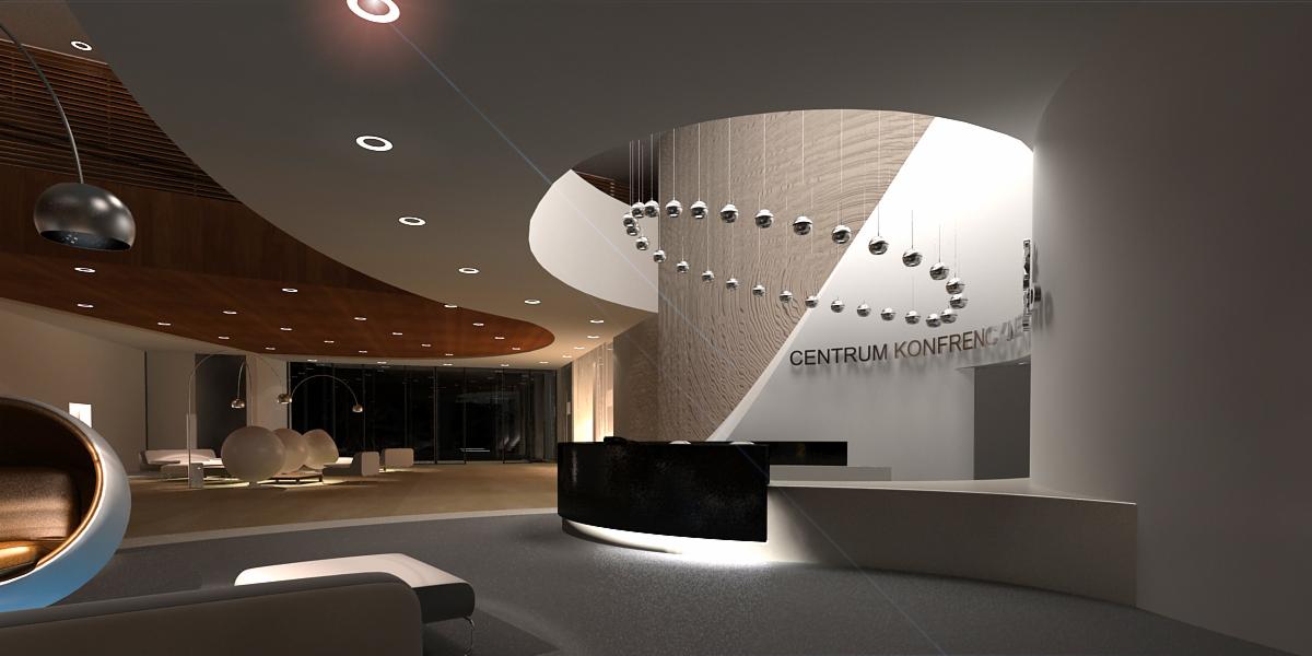 Nowoczesne wnętrze hotelu Narvil z recepcją, oświetleniem punktowym w podwieszanym suficie i dekoracyjną instalacją świetlną z wiszących kul.