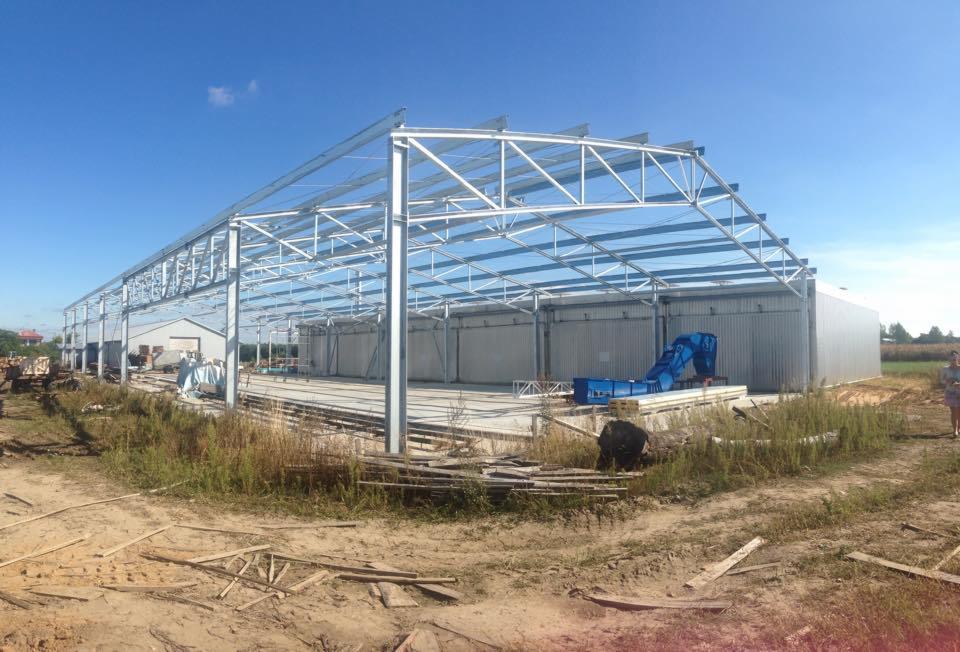 Wznoszenie szkieletu hali z profili stalowych, widoczna konstrukcja dachu i ścian bocznych z płyt warstwowych, teren budowy z nieuprzątniętymi elementami, błękitne niebo w tle.
