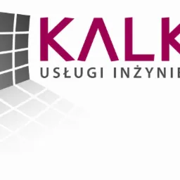 Logo firmy KALKO Usługi Inżynierskie z abstrakcyjnym symbolem złożonym z szarych kwadratów i jednym fioletowym, oraz odbiciem w dolnej części obrazu.