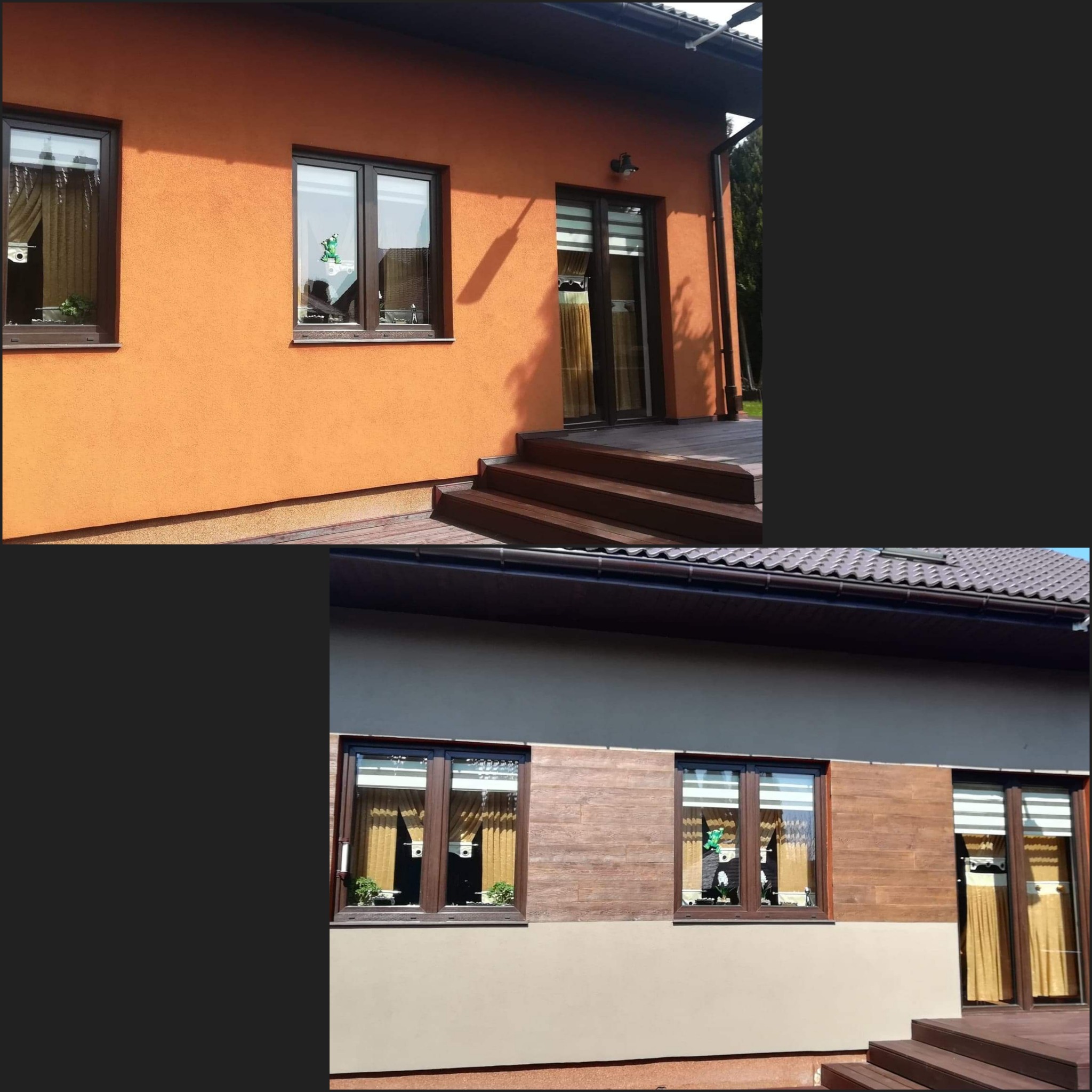 Dom po malowaniu elewacji na pomarańczowo-beżowy kolor z brązowymi oknami i schodami. Widoczne detale jak dekoracje okienne i cień rzucany przez lampę.