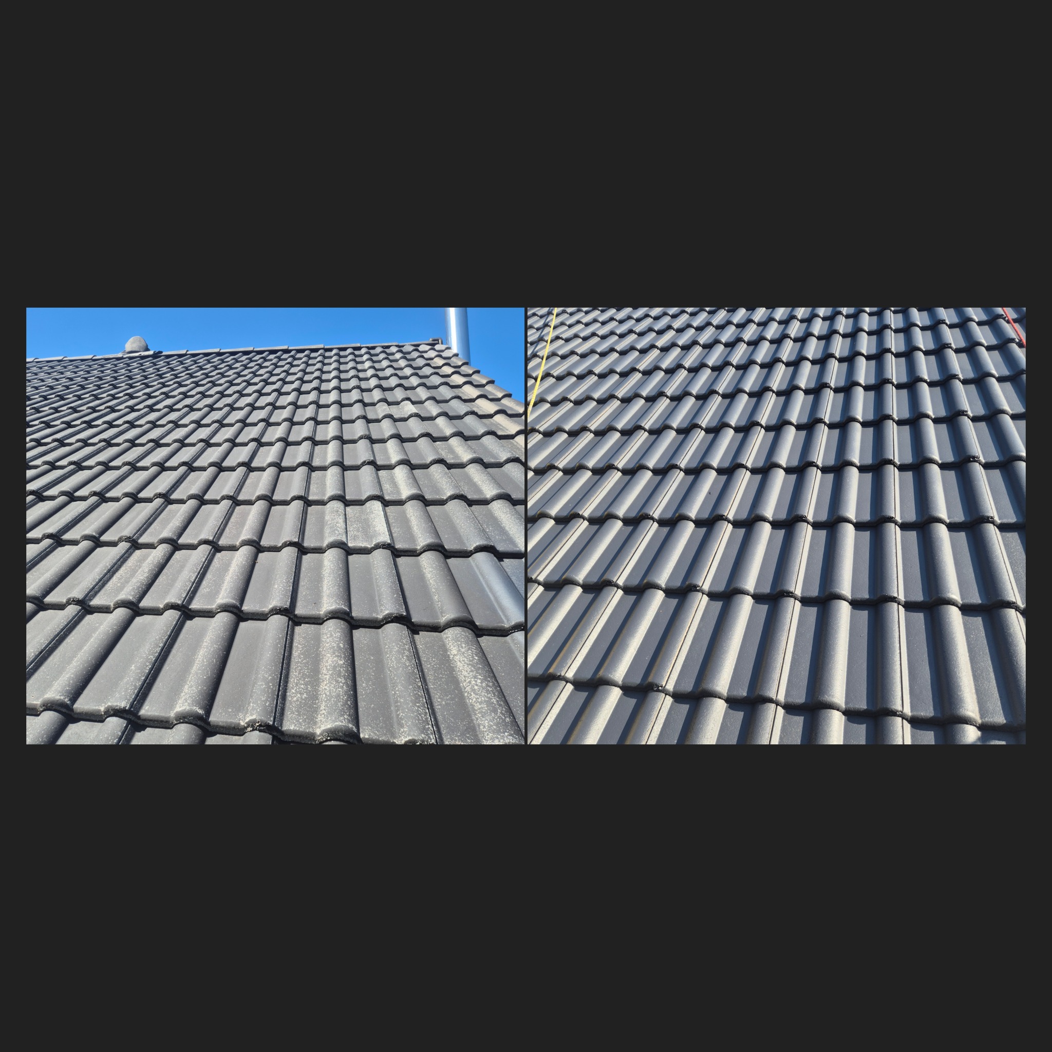 Porównanie: fragment dachu przed (zabrudzony) i po (czysty) myciu. Widoczne szare dachówki karpiówki. W tle fragment niebieskiego nieba i komin.