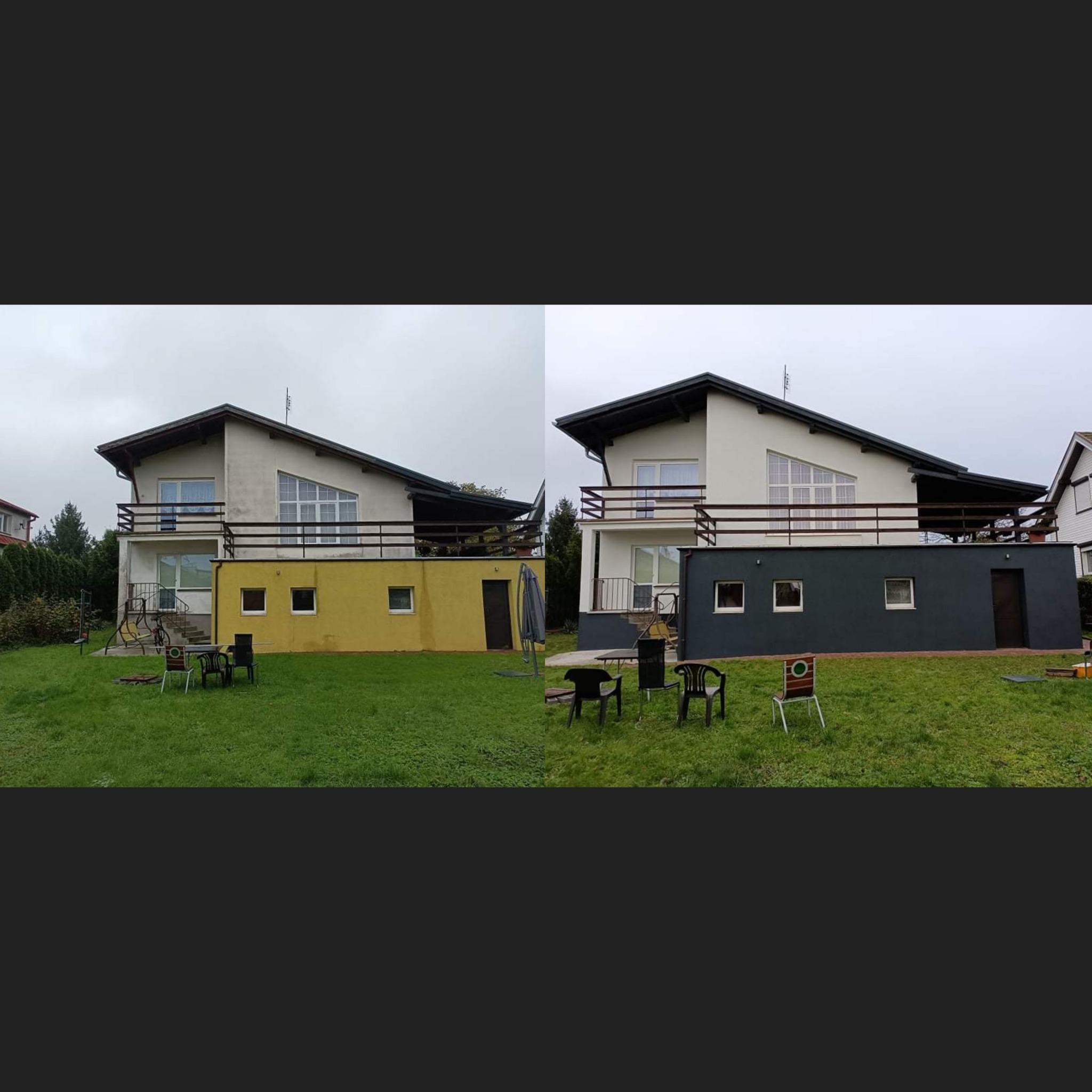 Dom jednorodzinny przed i po malowaniu elewacji. Żółta ściana zamieniona na grafitową. Widok na budynek z ogrodu, meble ogrodowe. Porównanie kolorystyki.