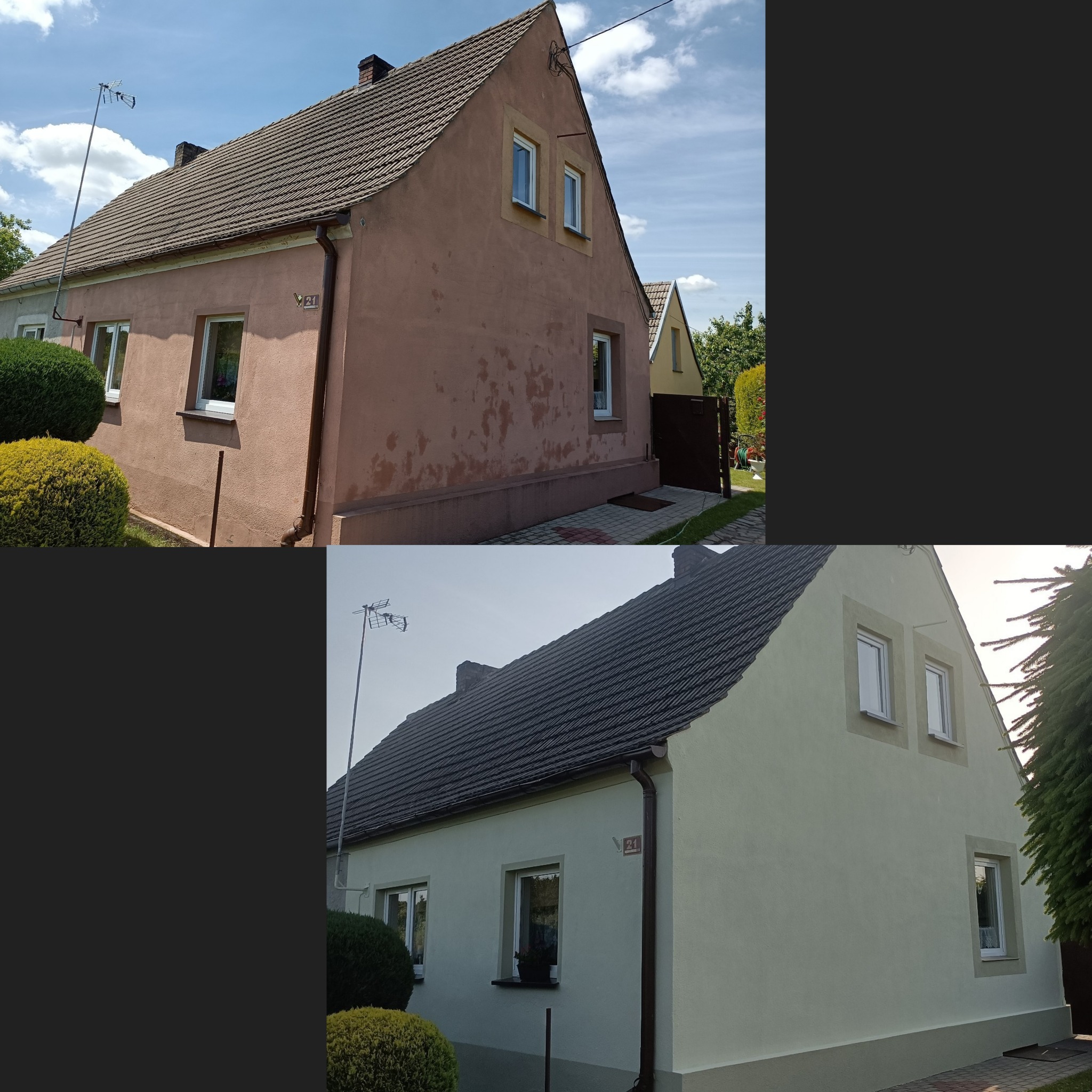 Zdjęcie 'przed i po' prezentujące efekt malowania elewacji domu jednorodzinnego. Widoczna różnica w kolorze i stanie ściany, z detalami jak numer domu i antena.