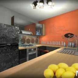 Wizualizacja kuchni we Wrocławiu z pomarańczową ścianą z napisem 'ROCK&ROLLA' i rysunkiem gramofonu, czarną lodówką pokrytą rysunkami kredą, blatem z cytrynami i oświetleniem punktowym.