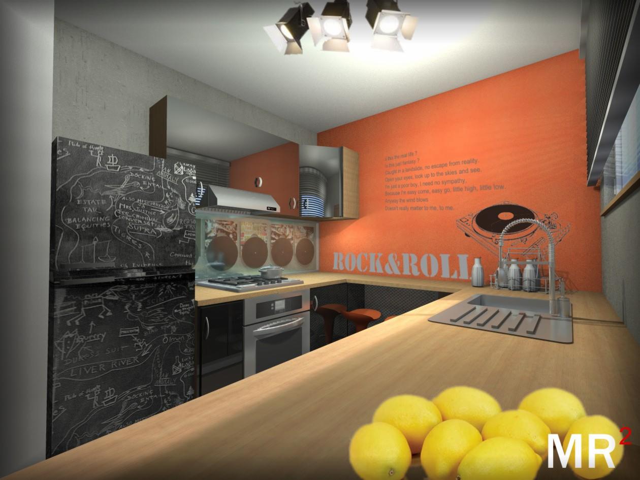 Wizualizacja kuchni we Wrocławiu z pomarańczową ścianą z napisem 'ROCK&ROLLA' i rysunkiem gramofonu, czarną lodówką pokrytą rysunkami kredą, blatem z cytrynami i oświetleniem punktowym.