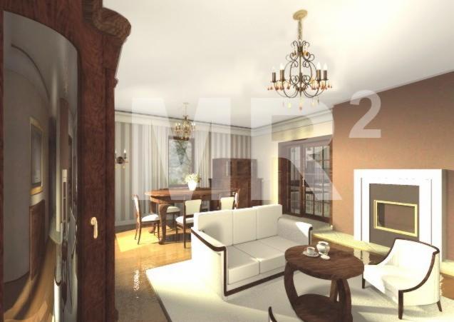 Wizualizacja wnętrza salonu z jadalnią: biała sofa, okrągły stolik kawowy z serwisem, kominek z białym obramowaniem, stół z krzesłami pod żyrandolem, widok zza ozdobnych drzwi.