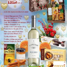 Zestaw prezentowy dla dorosłych na 2023 rok: wino Pinot Grigio, kawa Jacobs Gold, marcepan, chałwa pistacjowa, pomarańcze w syropie i czekoladki Merci, zapakowane w ozdobne pudełko z motywem...