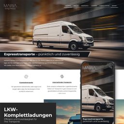 Virtualnetia - Responsywna strona internetowa firmy transportowej MAWA Express, z widocznym na ekranie smartfona interfejsem mobilnym i zdjęciem białego busa w tle.