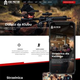 Virtualnetia - Responsywna strona strzelnicy KSK Pretor na laptopie i smartfonie. Mężczyzna z bronią w tle. Nowoczesny design, rezerwacja online, strzelnica dla każdego.