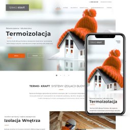 Virtualnetia - Strona internetowa firmy Termo-Kraft na ekranie smartfona, obok model domu w czapce. Prezentacja termoizolacji budynków z użyciem nowoczesnych technologii natryskowych.