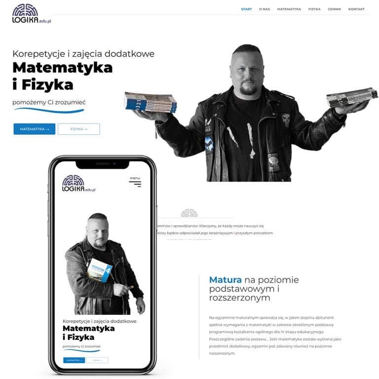 Strona internetowa z ofertą korepetycji z matematyki i fizyki, prezentowana na ekranie smartfona. Mężczyzna trzyma książki, logo Logika.edu.pl w lewym górnym rogu.