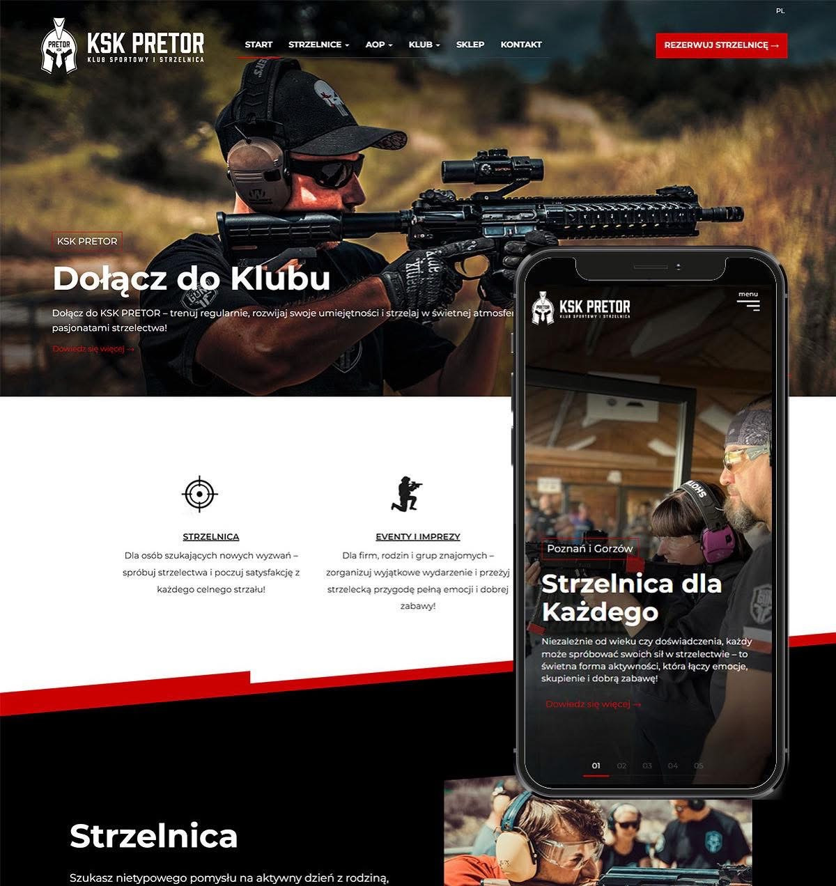 Responsywna strona strzelnicy KSK Pretor na laptopie i smartfonie. Mężczyzna z bronią w tle. Nowoczesny design, rezerwacja online, strzelnica dla każdego.
