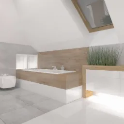 Nowoczesna łazienka na poddaszu z wolnostojącą toaletą i bidetem, obudowaną wanną z drewnopodobnym wykończeniem oraz oknem dachowym.