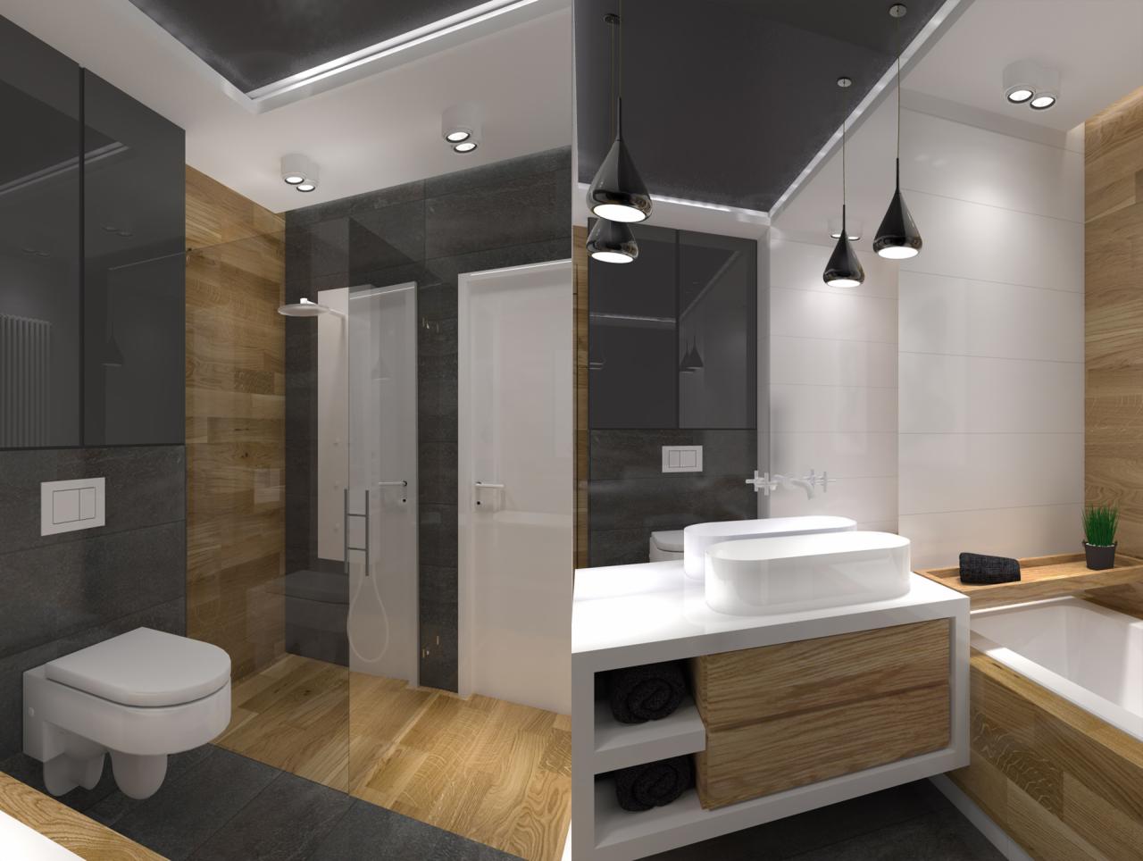 Nowoczesna łazienka z drewnianymi akcentami: kabina prysznicowa typu walk-in, podwójna umywalka nablatowa na białym blacie z drewnianą szufladą, wiszące czarne lampy i drewniane panele na ścianie.