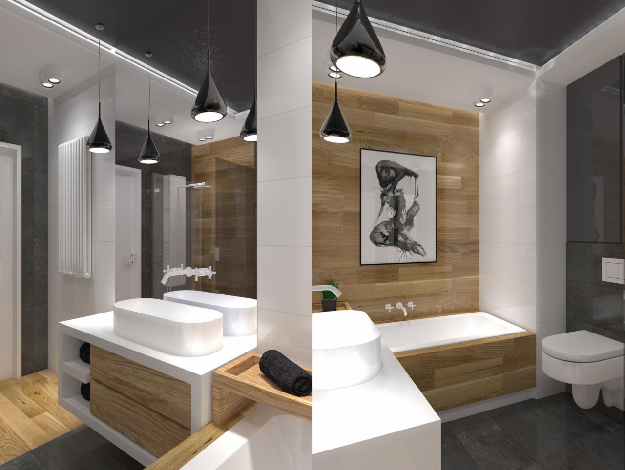 Nowoczesna łazienka z drewnianymi akcentami, wiszącymi lampami w kształcie kropli i abstrakcyjnym obrazem na ścianie z drewnianą okładziną. Widoczne dwie umywalki nablatowe o owalnym kształcie...