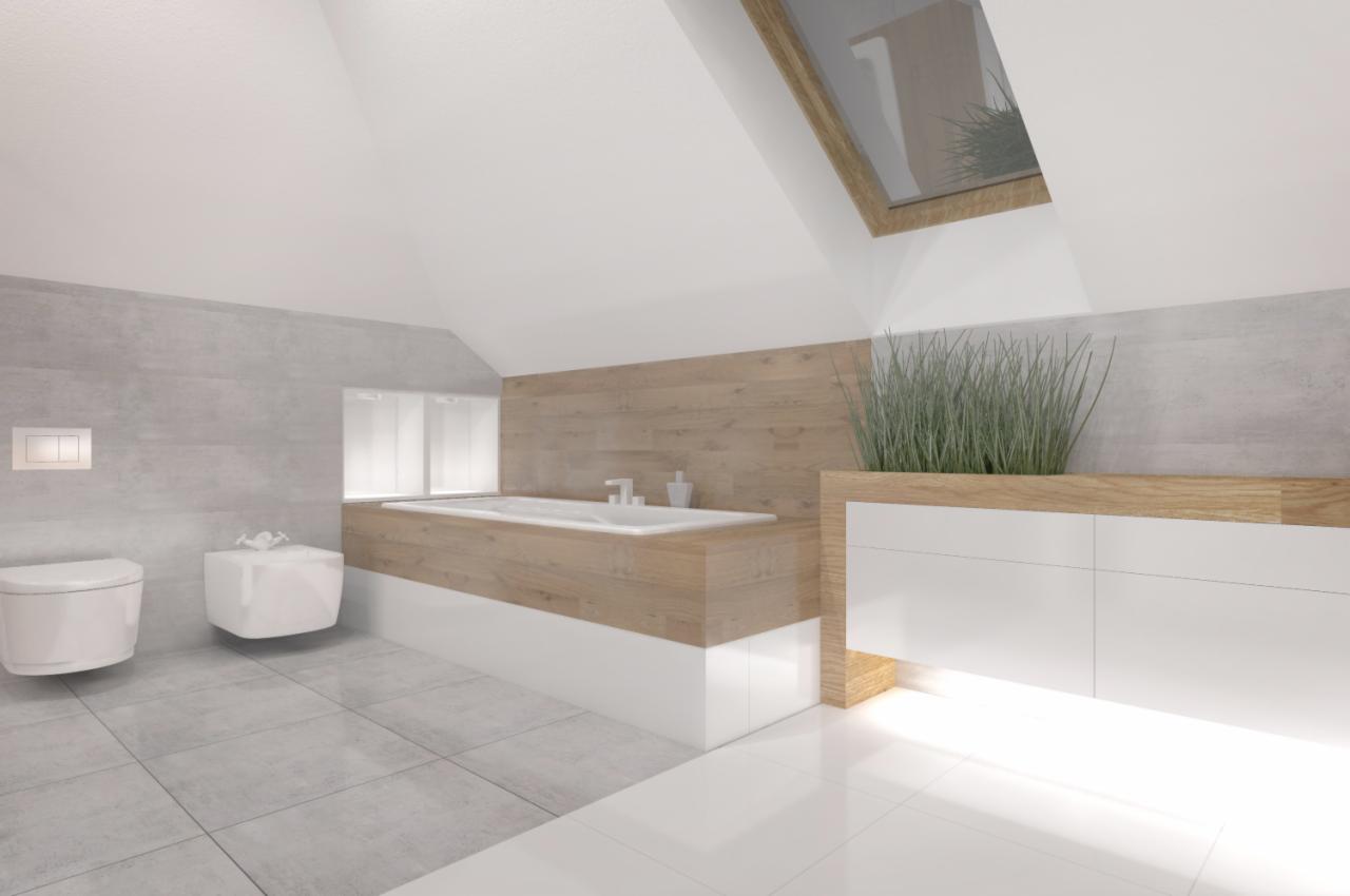 Nowoczesna łazienka na poddaszu z wolnostojącą toaletą i bidetem, obudowaną wanną z drewnopodobnym wykończeniem oraz oknem dachowym.
