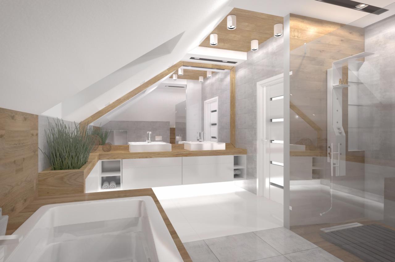 Wizualizacja przestronnej łazienki na poddaszu z wanną, umywalkami nablatowymi, kabiną prysznicową typu walk-in, wykończonej drewnem i szarą płytką, oświetlonej punktowymi lampami sufitowymi...