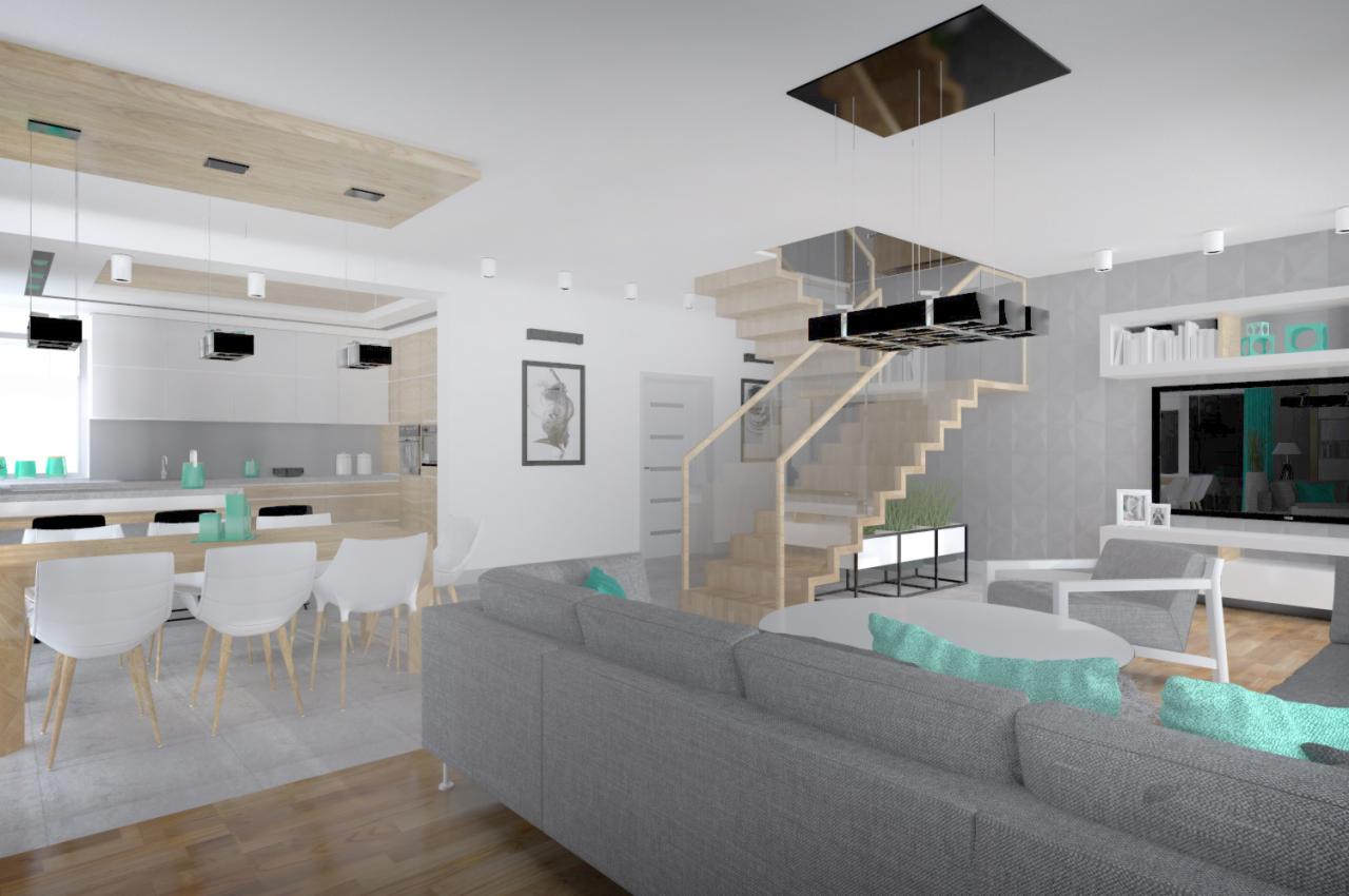 Wizualizacja salonu z otwartą kuchnią, drewnianymi schodami z szklaną balustradą i szarą sofą z turkusowymi poduszkami.