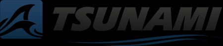 Logo firmy Tsunami z stylizowaną falą w kolorze niebieskim po lewej stronie i nazwą firmy w kolorze szarym na czarnym tle, podkreślone niebieską linią.
