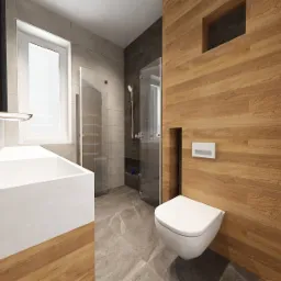Nowoczesna łazienka z drewnianą ścianą, wiszącą toaletą, minimalistyczną umywalką i kabiną prysznicową ze szklanymi drzwiami.