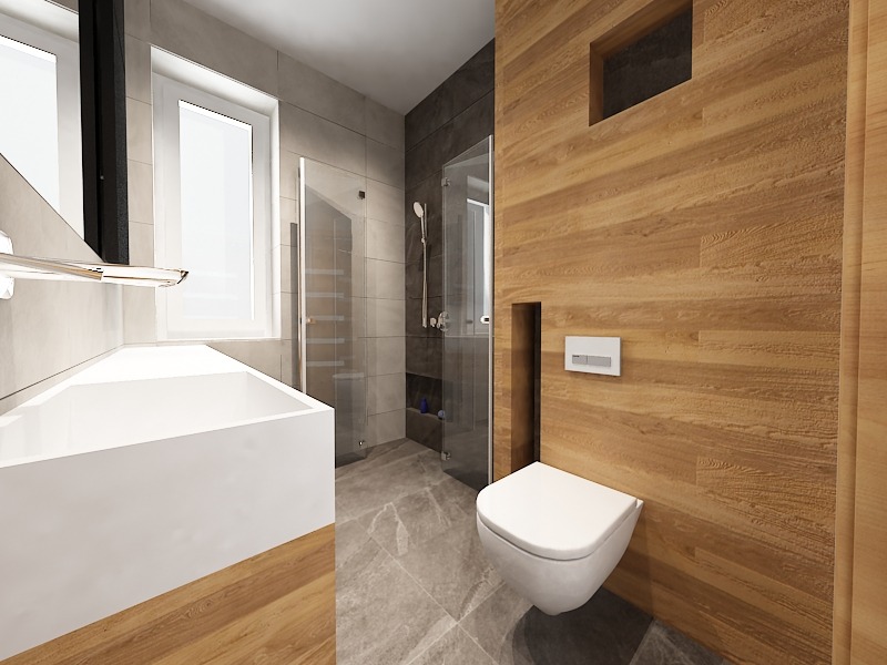 Nowoczesna łazienka z drewnianą ścianą, wiszącą toaletą, minimalistyczną umywalką i kabiną prysznicową ze szklanymi drzwiami.