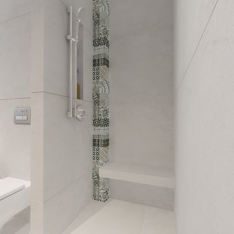 Nowoczesna łazienka w Będzinie z prysznicem typu walk-in, wykończona jasnymi płytkami i dekoracyjnym pasem mozaiki.