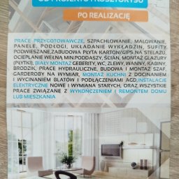 Ulotka reklamowa firmy remontowej: od projektu po realizację. Oferta obejmuje prace przygotowawcze, szpachlowanie, malowanie, podłogi, sufity, zabudowy, glazurę, hydraulikę, kuchnie, instalacje.