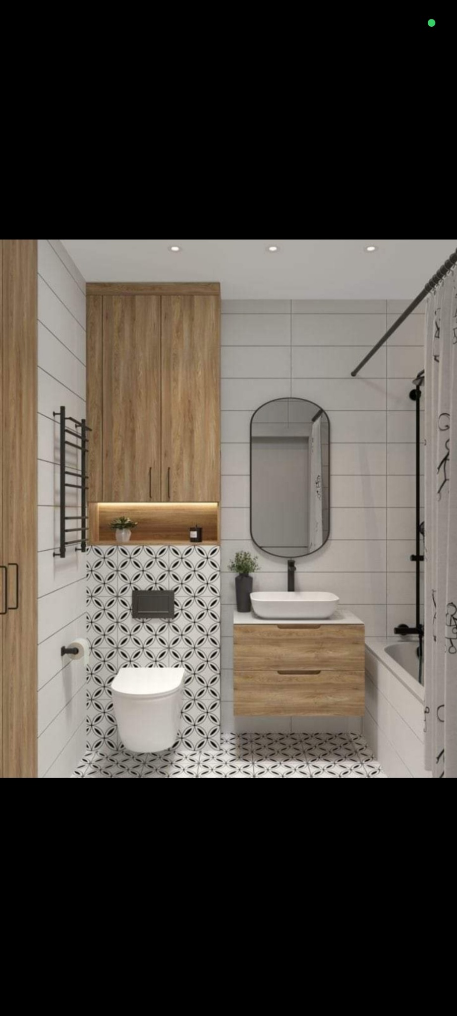 Nowoczesna łazienka z drewnianymi szafkami, białą armaturą i geometrycznymi płytkami podłogowymi oraz ściennymi. Minimalistyczny design z akcentami roślinnymi.