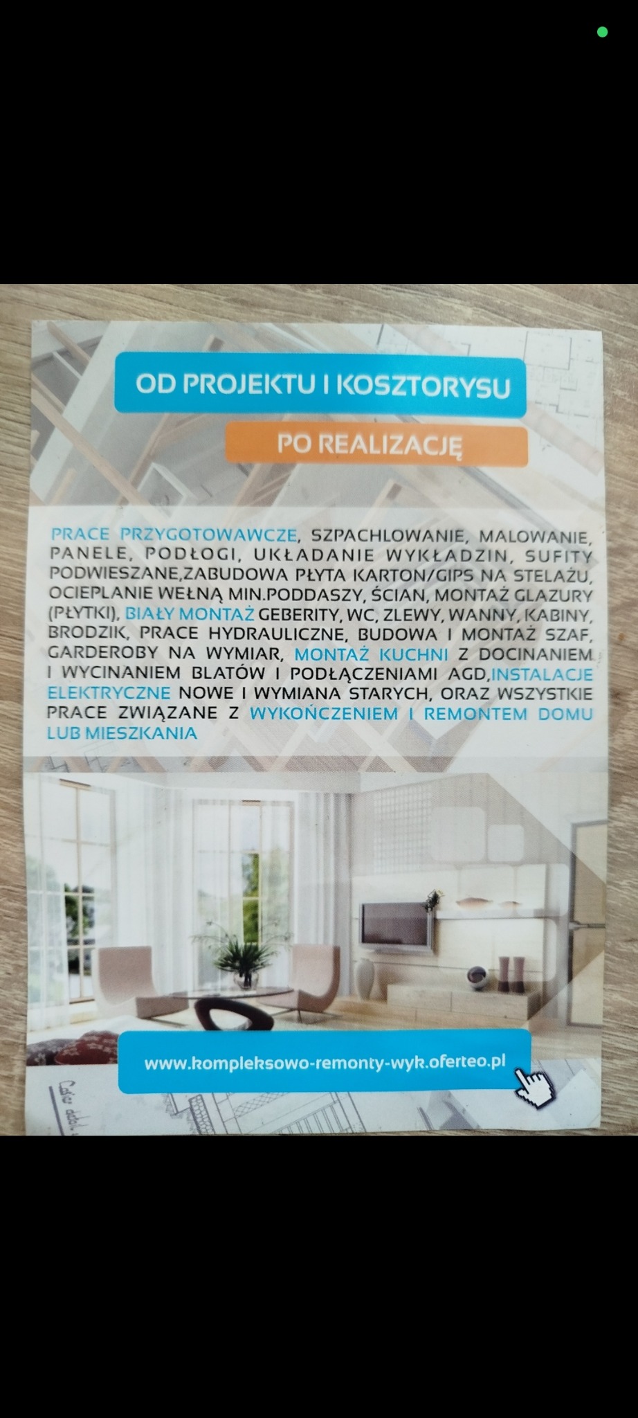 Ulotka reklamowa firmy remontowej: od projektu po realizację. Oferta obejmuje prace przygotowawcze, szpachlowanie, malowanie, podłogi, sufity, zabudowy, glazurę, hydraulikę, kuchnie, instalacje.