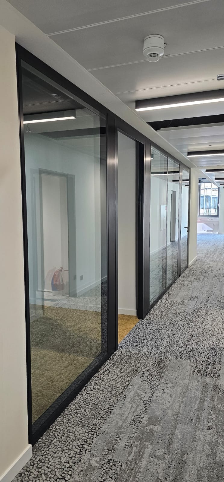 Nowoczesne szklane ścianki działowe z czarnymi ramami w biurze, widok z perspektywy korytarza, wzorzysta wykładzina podłogowa, oświetlenie sufitowe.