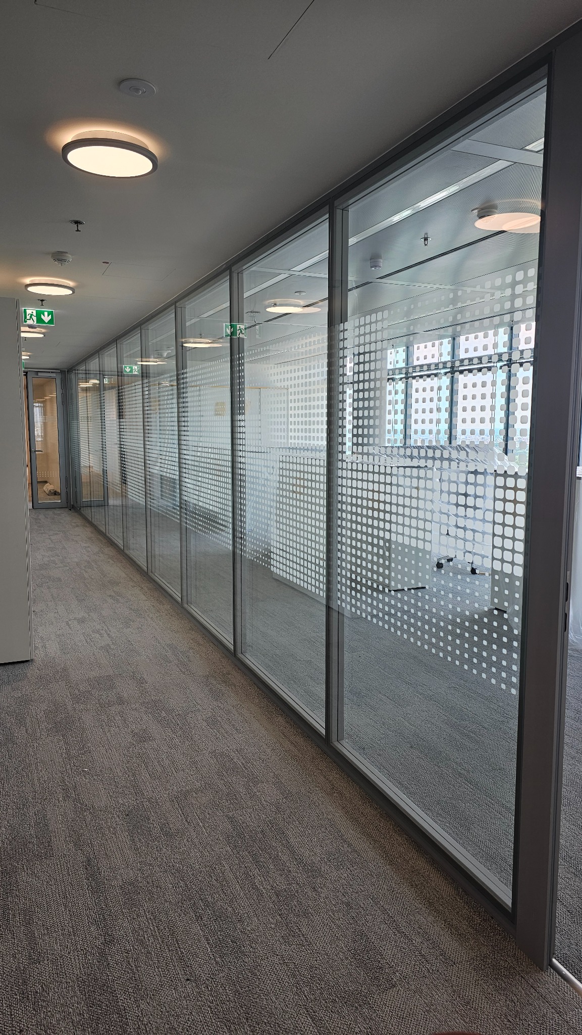 Szklane ściany działowe z dekoracyjną folią w biurze, widok z perspektywy korytarza. Minimalistyczny design, szara wykładzina. Oświetlenie sufitowe.