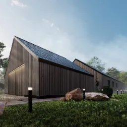 Wizualizacja nowoczesnego, parterowego domu z ciemnego drewna z dwuspadowym dachem, oświetlonego lampami ogrodowymi, z zaparkowanym sportowym samochodem Porsche w tle.