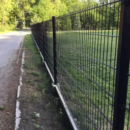 Długi, czarny panel ogrodzeniowy FORTE 65 z ocynkiem ogniowym i matowym RAL 9005, zamontowany na podmurówce 250 mm i słupkach ocynkowanych ogniowo ze ścianką 1,5 mm, biegnący wzdłuż drogi i trawnika.