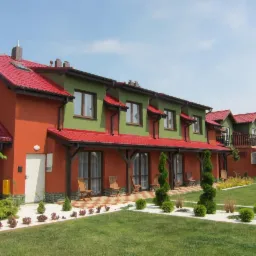 Widok z zewnątrz na budynek w Szczecinie z pomarańczową elewacją, zielonymi akcentami i czerwonym dachem, z równo przystrzyżonym trawnikiem i ozdobnymi krzewami.
