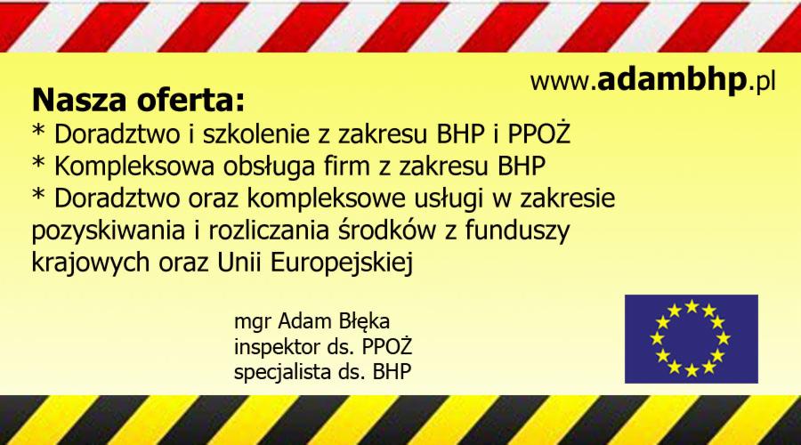 Grafika reklamowa z ofertą usług doradztwa i szkoleń, obsługi firm oraz pozyskiwania środków z funduszy krajowych i UE, z danymi kontaktowymi firmy.